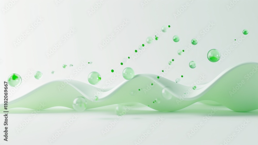 Poster a minimalist 3d render displaying green waves and floating bubbles against a clean white background.