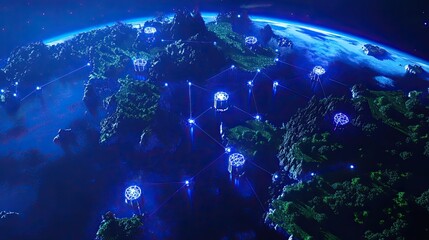 Networked planet with light nodes connecting continents, soft blue tones, neon light effects, stylized realism, aerial perspective 
