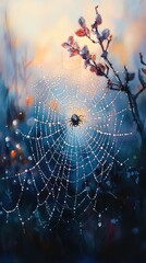 Dewdrops Adorn A Spiders Web In The Early Morning Light