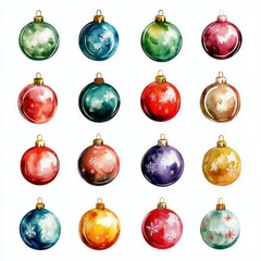 Set of watercolor Christmas balls on white background