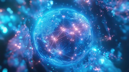 Networked planet with light nodes connecting continents, soft blue tones, neon light effects, stylized realism, aerial perspective 