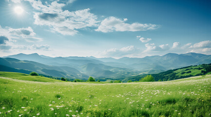 Fototapeta premium Serene Mountain Landscape with Lush Green Fields