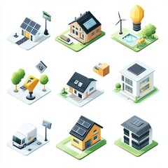 Fototapeta premium Energy efficiency isometric icon set on white background