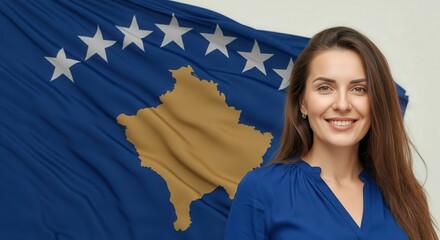 Celebrating kosovo's heritage with smiling woman and national flag