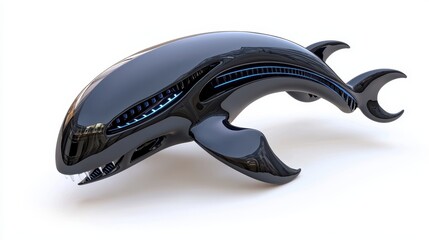 Obraz premium Futuristic Black Whale Sculpture with Blue Accents and Sleek Design Amidst a Contemporary Background for Inspiration and Creativity