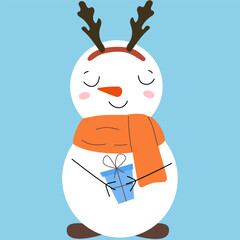 Christmas cute snowmen in scarf with gift. New year illustration.