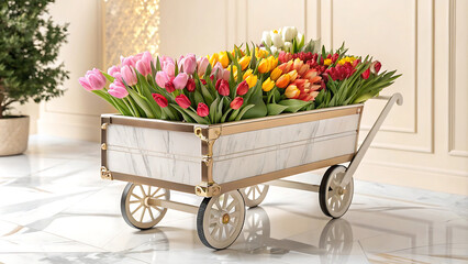 A decorative wooden cart filled with vibrant tulips in shades of pink, yellow, orange, and white. The arrangement is placed indoors on a marble floor, creating an elegant and fresh floral display.