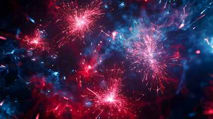 Fototapeta premium Fireworks Border for Fourth of July with Red and Blue Stars and Sparks Independence Day Celebration in the United States. 
