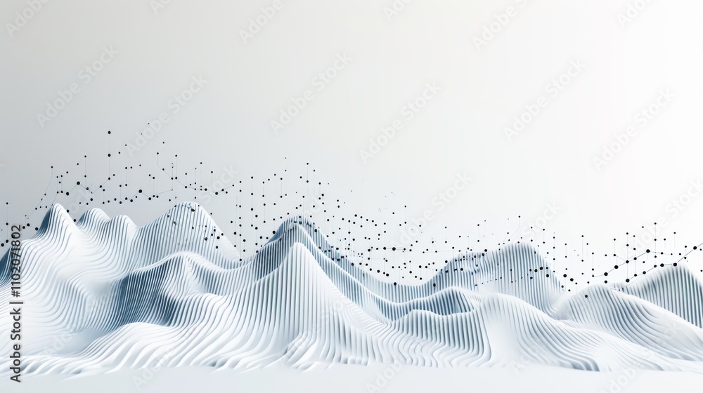 Poster this dynamic abstract landscape features soft, wavy lines and dotted elements that appear to float i