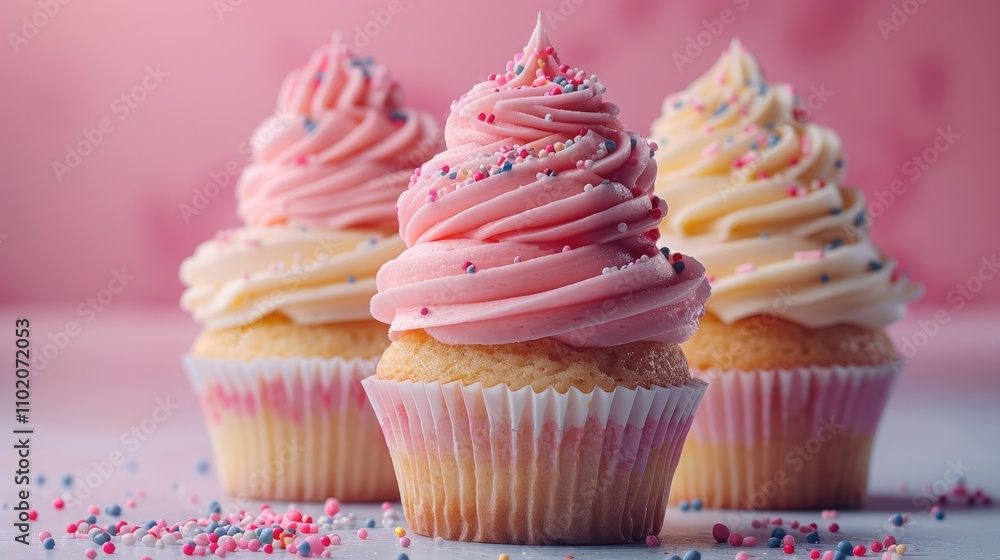 Leinwandbilder stack of vibrant cupcakes with frosting and sprinkles, isolated on a pastel gradient backdrop.
