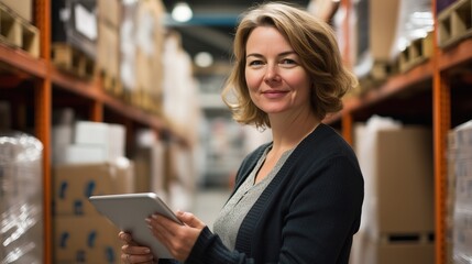 A female manager is searching on a shelf to find a product in the storage room. A female company owner is balancing the production of boxes for a staff work day