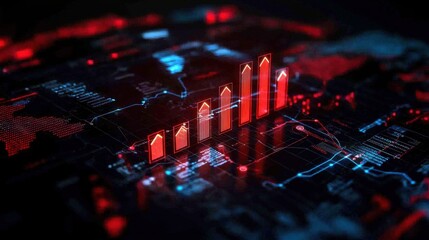 A futuristic digital interface displaying glowing red and blue data visuals, resembling a network or technological landscape.