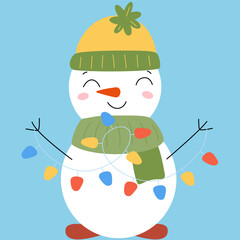 Christmas cute snowmen in hat and scarf with garland. New year illustration