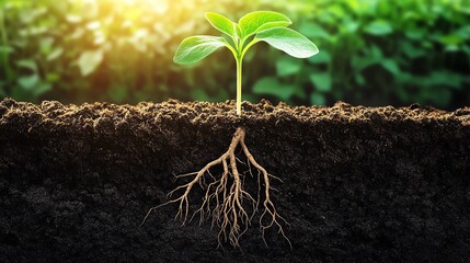 Young plant with visible roots in soil.