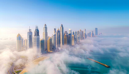 Fog over the Photograph Aerial view of the Dubai skyline with building