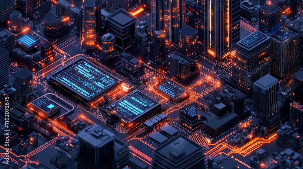 Poster isometric concept of smart city with microchip buildings and electronic patterns representing urban 