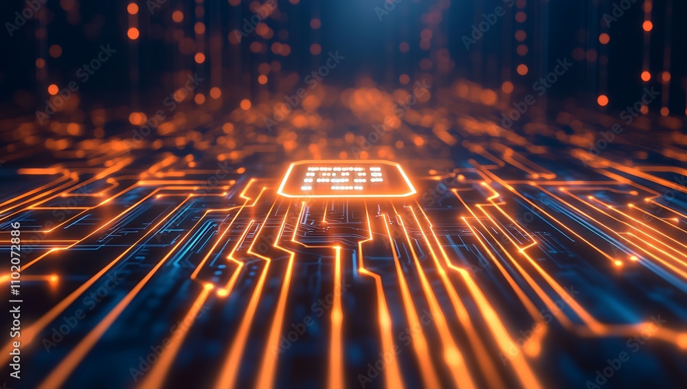 Poster vivid depiction of a complex circuit board with glowing lines and a central processor emitting brigh