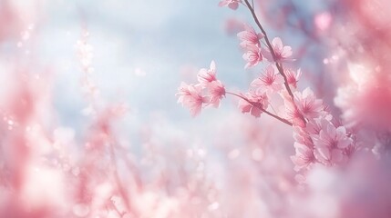 Naklejka premium Pink Cherry Blossoms Dream: Soft, pastel pink cherry blossoms in gentle bloom, bathed in soft light, creating a serene and dreamy springtime scene.