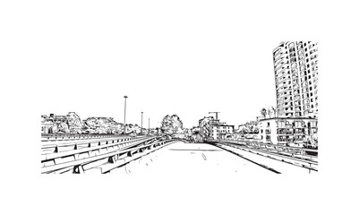 Obraz premium Print Building view with landmark of Vancouver is the city in Western Canada. Hand drawn sketch illustration in vector.