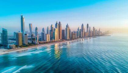 Fog over the Photograph Aerial view of the Dubai skyline with building