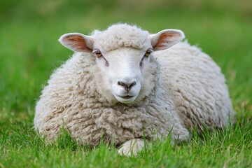 Fototapeta premium A fluffy sheep lies relaxing on green grass, embodying peace and nature's charm in the countryside.