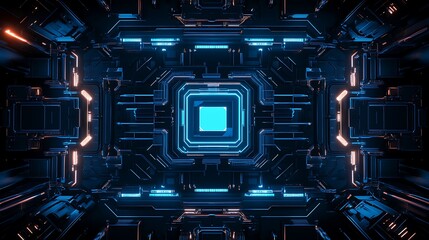 Fototapeta premium Intricate blue geometric patterns in a futuristic digital environment illuminated by glowing lights