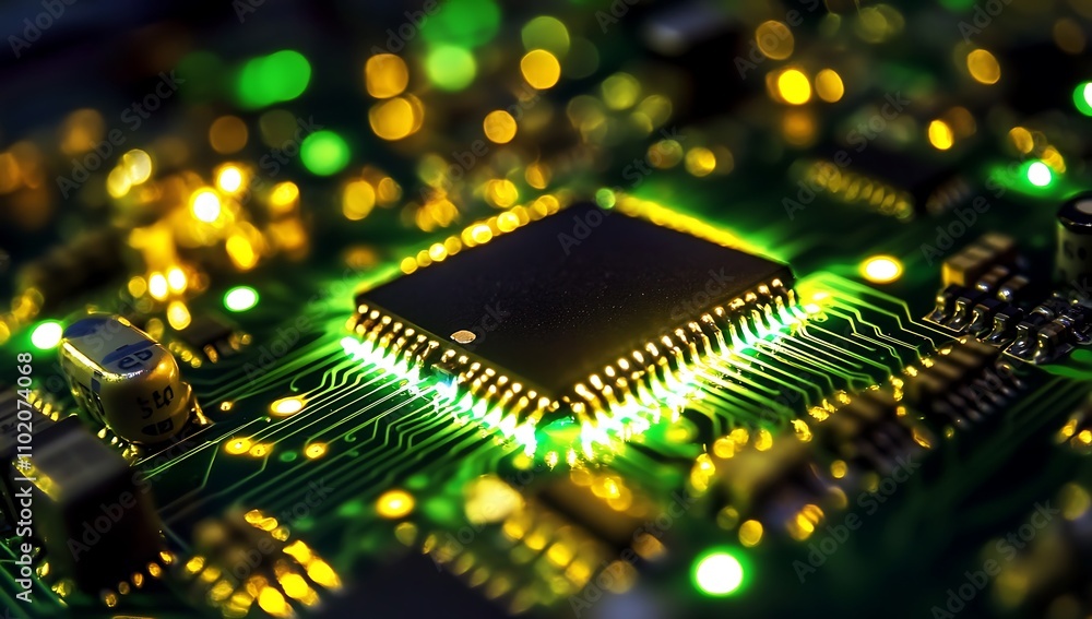 Aufkleber detailed close-up of a computer circuit board showcasing glowing lights and complex components durin
