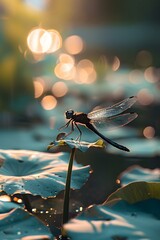 Naklejka premium Close-up shot of light and shadow of a dragonfly sitting on a lotus leaf, blurred background.