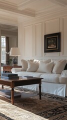 Elegant Living Room with White Sofa and Wooden Coffee Table