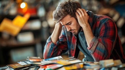 Young man stressed about decision making surrounded by cards