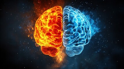 Fiery and icy brain hemispheres in space.