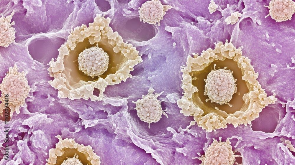 Poster close-up view of colorful cellular structures under microscope lens
