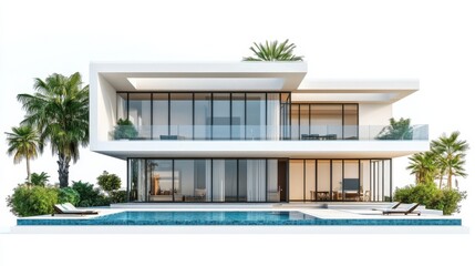 Fototapeta premium Modern villa with pool surrounded by palm trees in a sunny tropical setting
