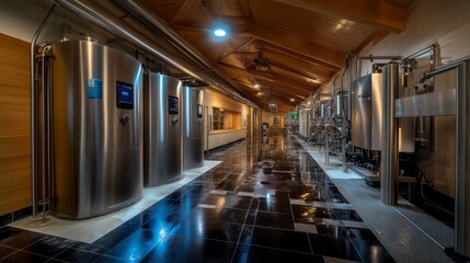 Modern Industrial Brewery with Stainless Steel Tanks and Reflective Floors in Contemporary Facility