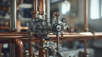 Copper Plumbing Pipes and Valves in Industrial Setting Close-Up