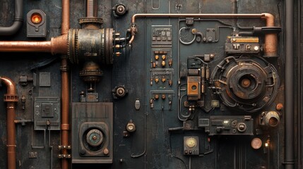 Industrial Control Panel with Pipes, Gauges, and Vintage Technology