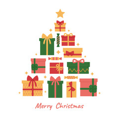 Christmas tree formed from colorful gift boxes with ribbons and bows, candies and stars. Stack of presents in shape of tree. Merry Christmas greeting card, banner or poster. Vector flat illustration