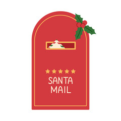 Santa Claus mailbox with envelope inside. Traditional red post box with stars and holly. Christmas letters delivery. Vector flat illustration isolated on white background