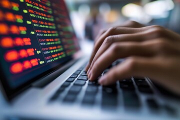 Close-up view of hands typing on a laptop keyboard. Colorful data streams fill the screen. This image captures the essence of digital interaction and technology. Generative AI