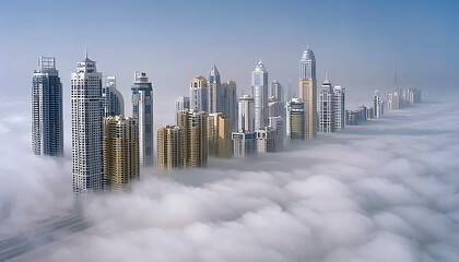 Fog over the Photograph Aerial view of the Dubai skyline with building