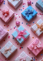 Colorful Gift Boxes with Ribbons and Confetti on a Pink Background Perfect for Celebrations, Birthdays, and Special Occasions with a Cheerful Atmosphere