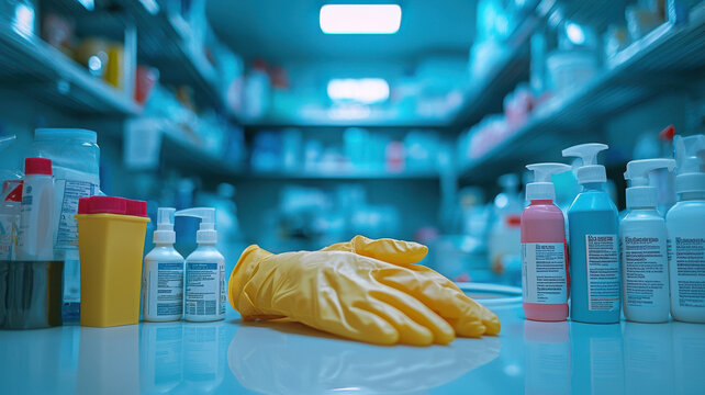 Surgical gloves and antiseptic bottles on counter in medical supply room, creating sterile and organized environment