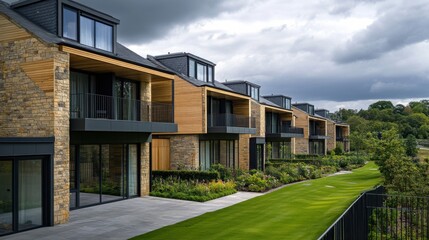 Modern housing development with green landscaping and cloudy sky in residential area