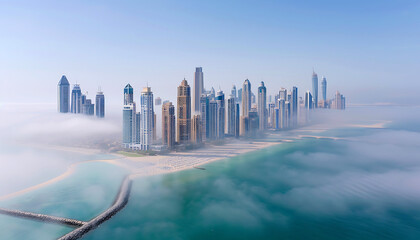 Fog over the Photograph Aerial view of the Dubai skyline with building