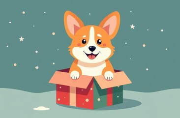 A cute little corgi dog can be found happily sitting inside a bright red gift box nestled comfortably in the snowcovered landscape