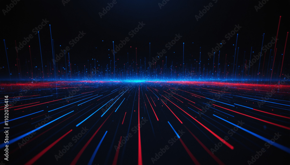 Poster abstract digital streams: red and blue light trails converge towards a central point, creating a dyn