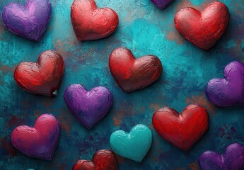Obraz premium Colorful Hearts on Teal Background: Vibrant Art Composition of Red and Purple Hearts with Textured Surface for Creative Projects and Decorations