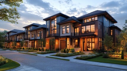 Modern residential buildings with landscaped gardens during sunset
