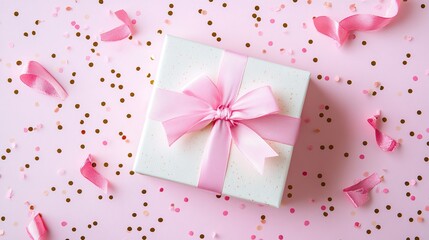 Obraz premium Elegant birthday gift box with ribbon and bow on a minimal, bright background, creating a feeling of joy, stock photos