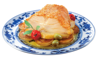 prato com bacalhau gratinado acompanhado de cebola, azeitona e azeite isolado em fundo transparente